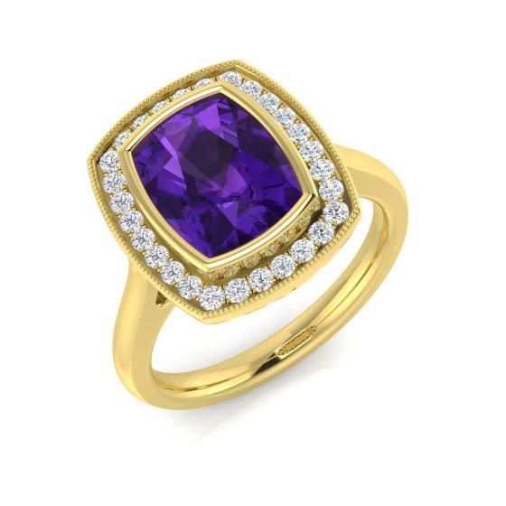Cushion Amethyst and Round Diamond Halo Ring