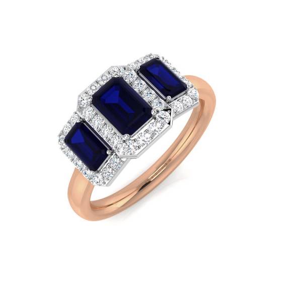 Emerald and Round Blue Sapphire Gemstone Trilogy Ring