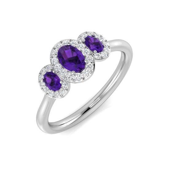 Oval and Round Purple Amethyst Gemstone Trilogy Ring