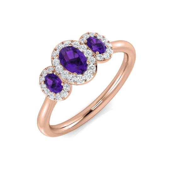 Oval and Round Purple Amethyst Gemstone Trilogy Ring