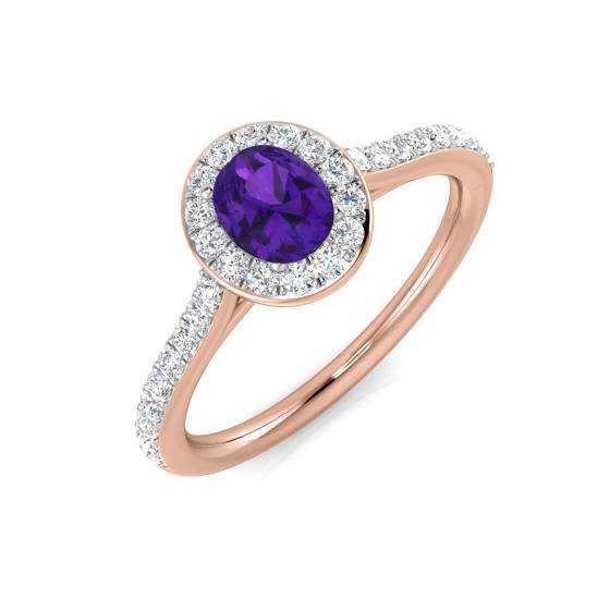 Oval Amethyst Gemstone and Round Diamond Halo Set Ring