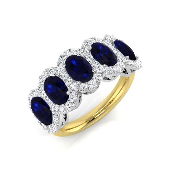 Oval and Round Blue Sapphire Gemstone 5 Stone Ring