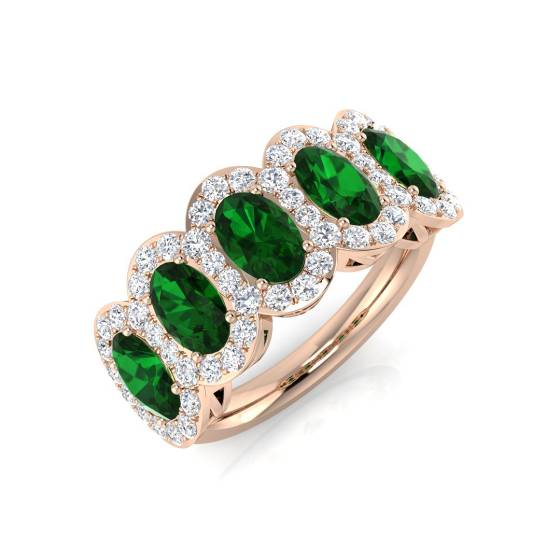 Oval and Round Emerald Gemstone 5 Stone Ring
