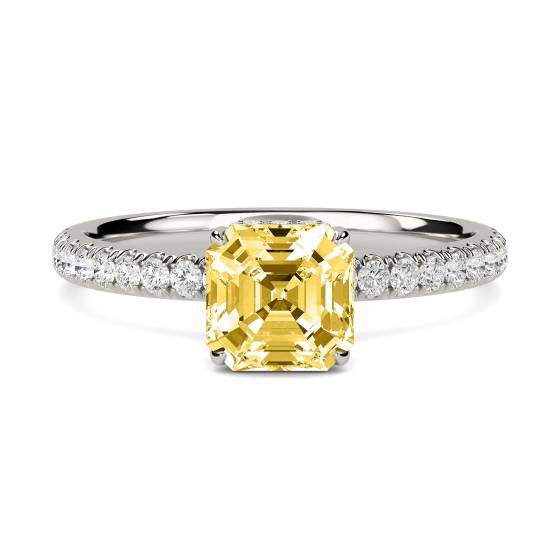 Asscher Yellow Diamond Halo Shoulder Set Ring