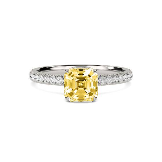 Asscher Yellow Diamond Halo Shoulder Set Ring