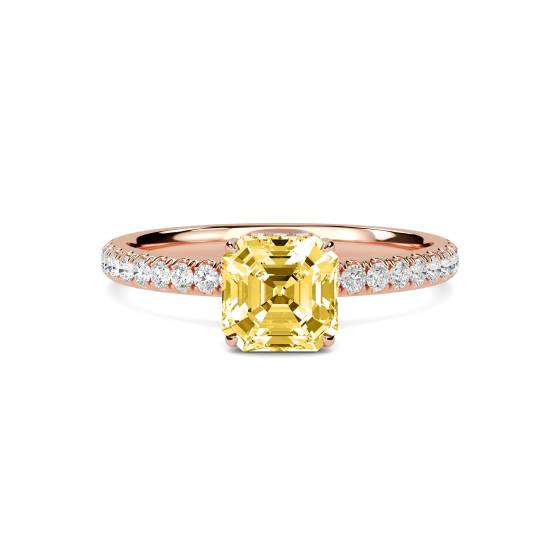 Asscher Yellow Diamond Halo Shoulder Set Ring