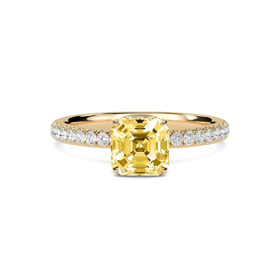 Asscher Yellow Diamond Halo Shoulder Set Ring
