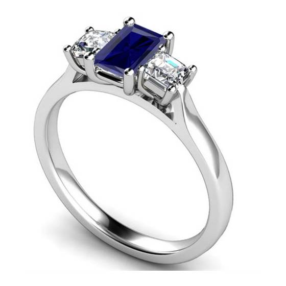 Blue Sapphire Radiant Diamond Trilogy Ring