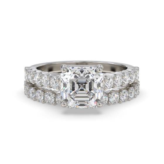 Asscher Diamond Shoulder Set Ring With Matching Band