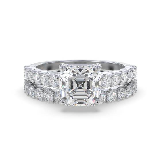 Asscher Diamond Shoulder Set Ring With Matching Band