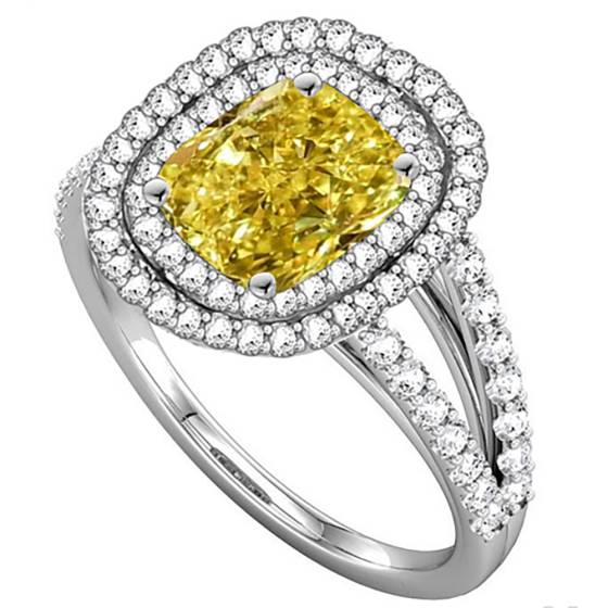 Fancy Yellow Radiant Diamond Halo Shoulder Set Ring