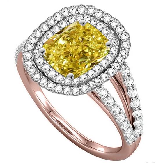 Fancy Yellow Radiant Diamond Halo Shoulder Set Ring