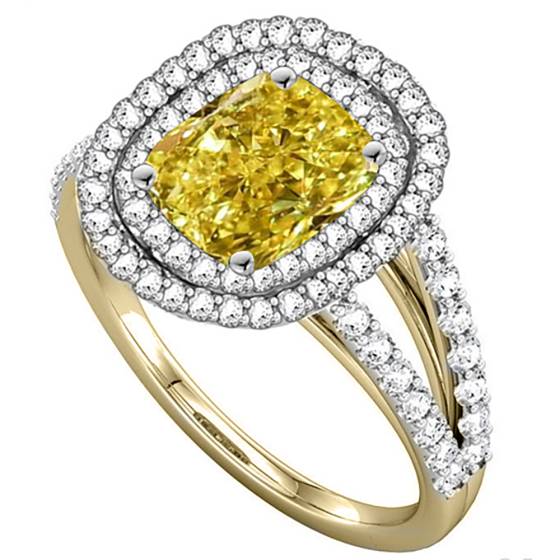 Fancy Yellow Radiant Diamond Halo Shoulder Set Ring