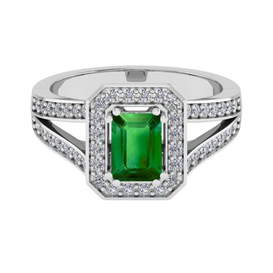Emerald and Diamond Single Halo Shoulder Set Ring