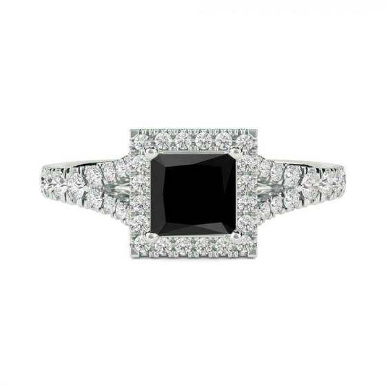 Princess Black Diamond Single Halo Shoulder Set Ring