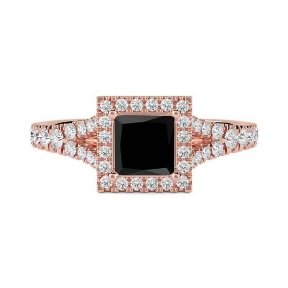 Princess Black Diamond Single Halo Shoulder Set Ring