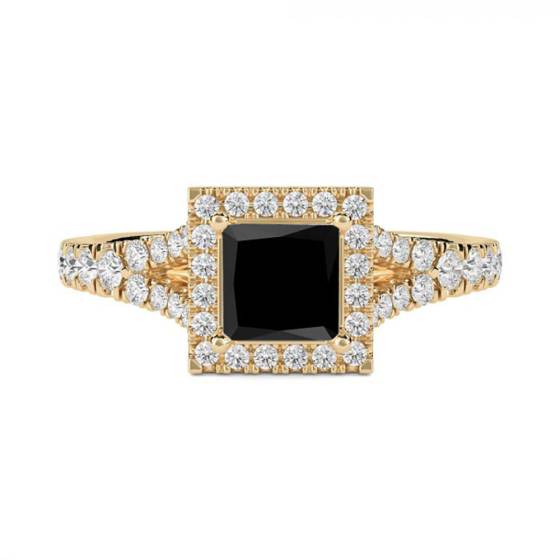 Princess Black Diamond Single Halo Shoulder Set Ring