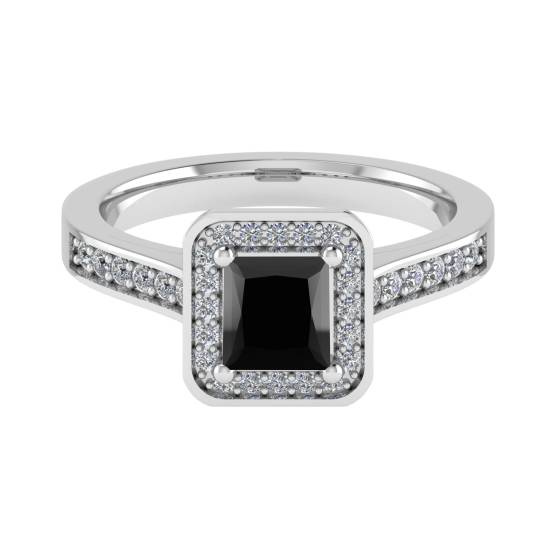 Princess Black Diamond Single Halo Shoulder Set Ring