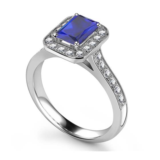 Radiant Blue Sapphire and Diamond Halo Ring