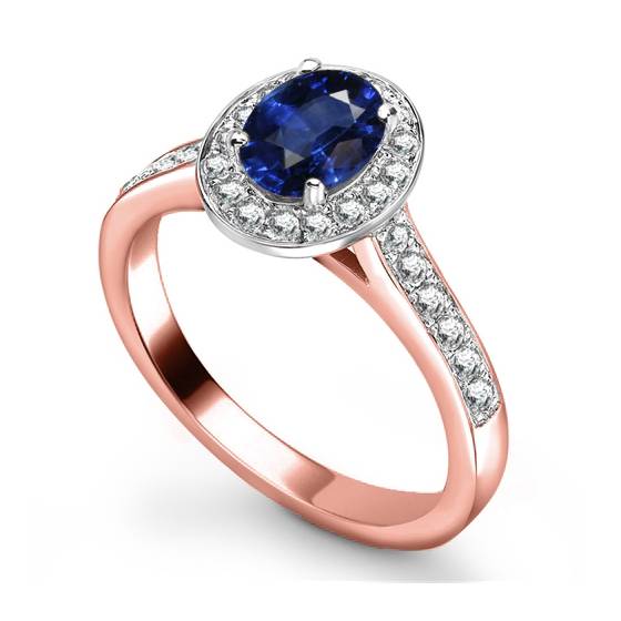 Oval Blue Sapphire and Diamond Halo Ring