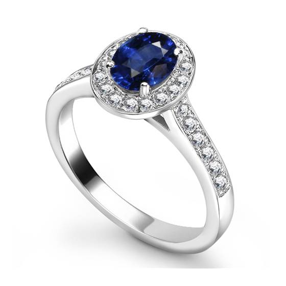 Oval Blue Sapphire and Diamond Halo Ring