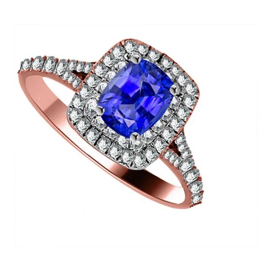 Cushion Blue Sapphire and Diamond Double Halo Shoulder Set Ring
