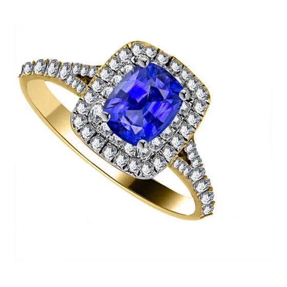 Cushion Blue Sapphire and Diamond Double Halo Shoulder Set Ring
