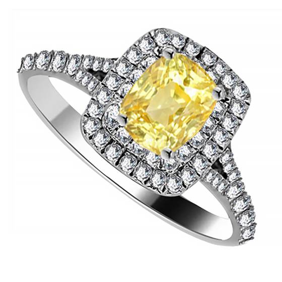 Fancy Yellow Cushion Diamond Halo Shoulder Set Ring