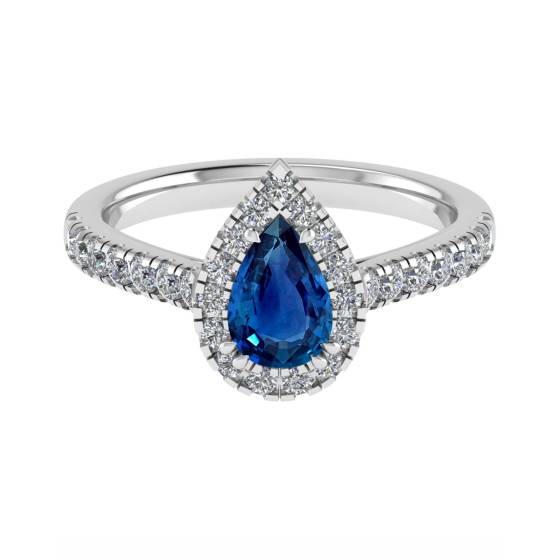 Pear Blue Sapphire and Diamond Halo Ring