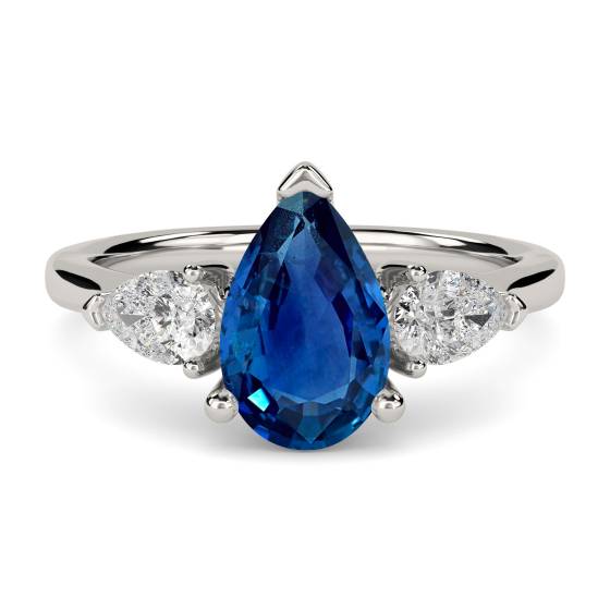 Elegant Pear Blue Sapphire Diamond Trilogy Ring