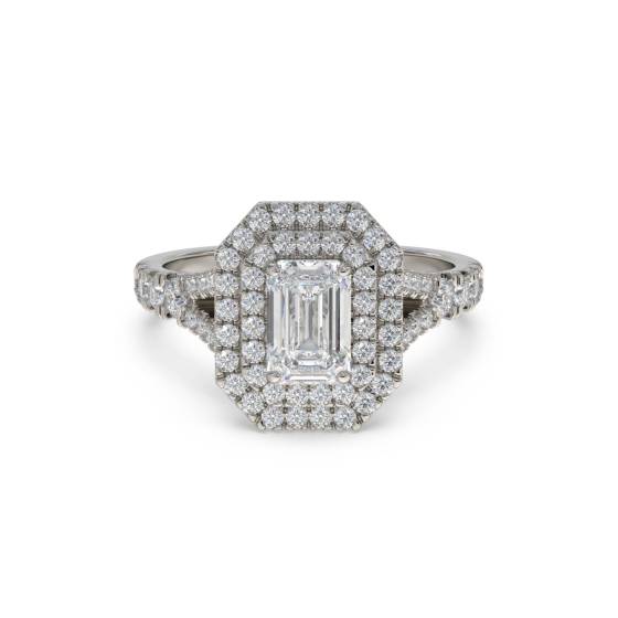 Emerald Diamond Double Halo Shoulder Set Ring