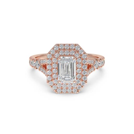 Emerald Diamond Double Halo Shoulder Set Ring