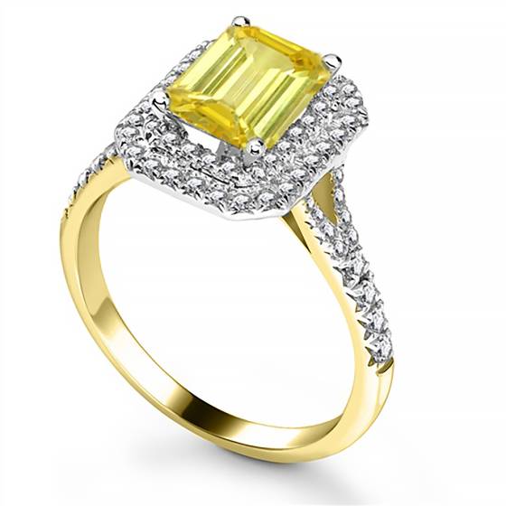 Fancy Yellow Emerald Diamond Single Halo Shoulder Set Ring