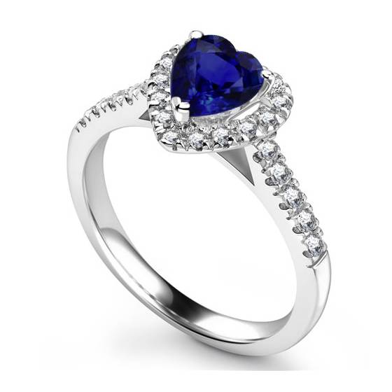 Blue Sapphire Heart Shaped Diamond Single Halo Shoulder Set Ring