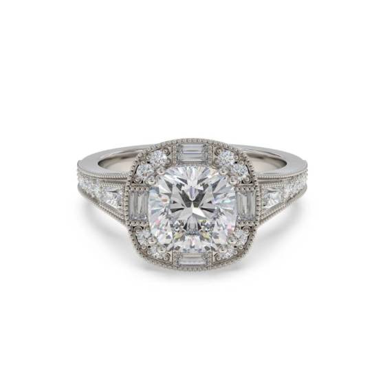 GIA Certified 0.75ct VS2/E Cushion & Baguette Diamond Designer Ring