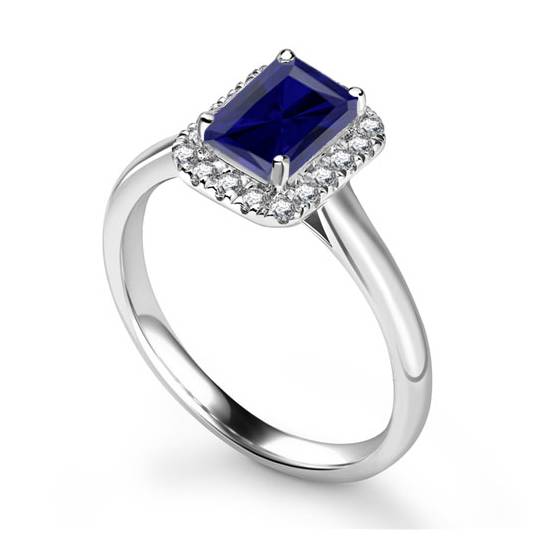 Blue Sapphire Radiant Shaped Diamond Single Halo Shoulder Set Ring