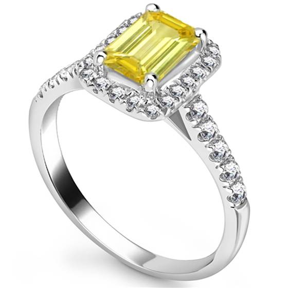 Fancy Yellow Emerald Diamond Single Halo Shoulder Set Ring