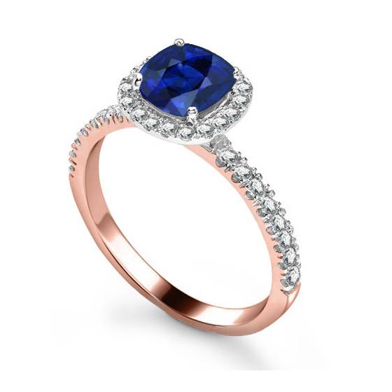 Blue Sapphire and Diamond Single Halo Shoulder Set Ring