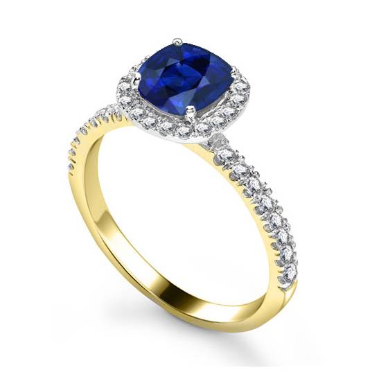 Blue Sapphire and Diamond Single Halo Shoulder Set Ring
