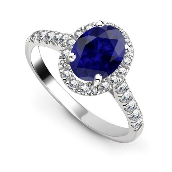 Blue Sapphire Oval Shaped Diamond Single Halo Shoulder Set Ring