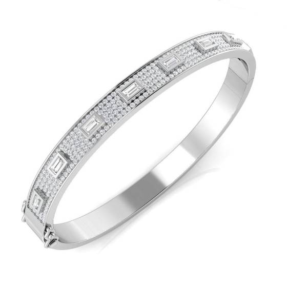 Round Diamond and Emerald Baguette Bezel Set Bangle