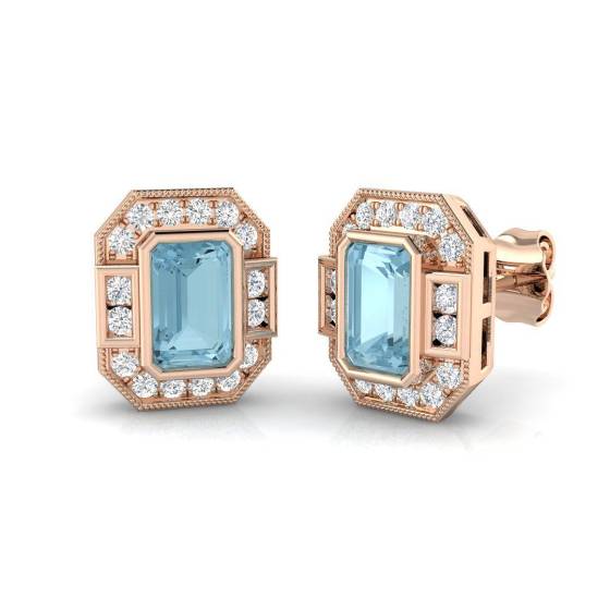 Emerald Cut Aquamarine Diamond Stud Earrings