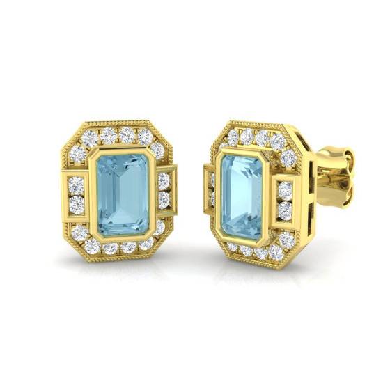 Emerald Cut Aquamarine Diamond Stud Earrings