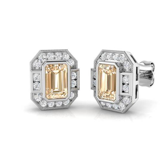 Emerald Cut Morganite Diamond Stud Earrings