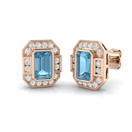 Emerald Cut Aquamarine Gemstone Stud Earrings