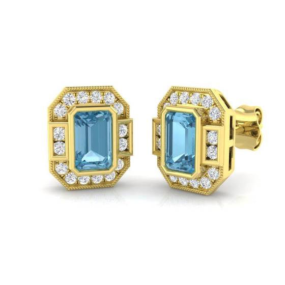 Emerald Cut Aquamarine Gemstone Stud Earrings