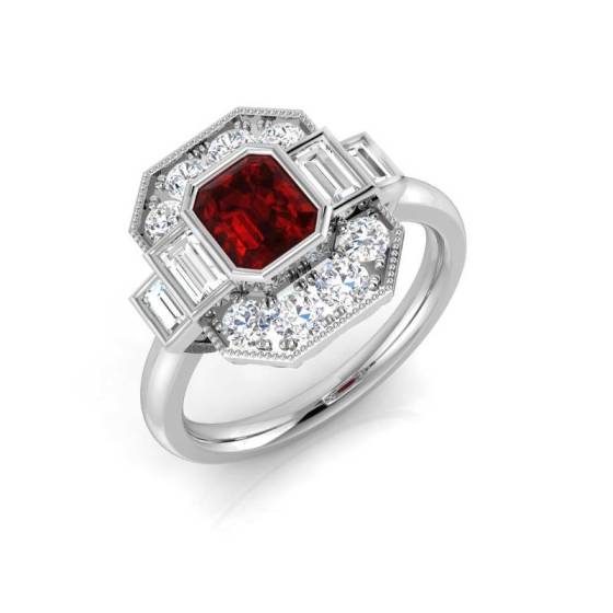 Emerald Cut Ruby Gemstone Bezel Set Halo Ring