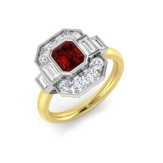 Emerald Cut Ruby Gemstone Bezel Set Halo Ring