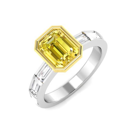 Emerald Cut Yellow Diamond Bezel Set Shoulder Set Ring