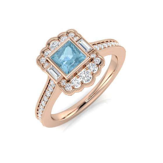 Princess Cut Aquamarine Gemstone Bezel Set Ring